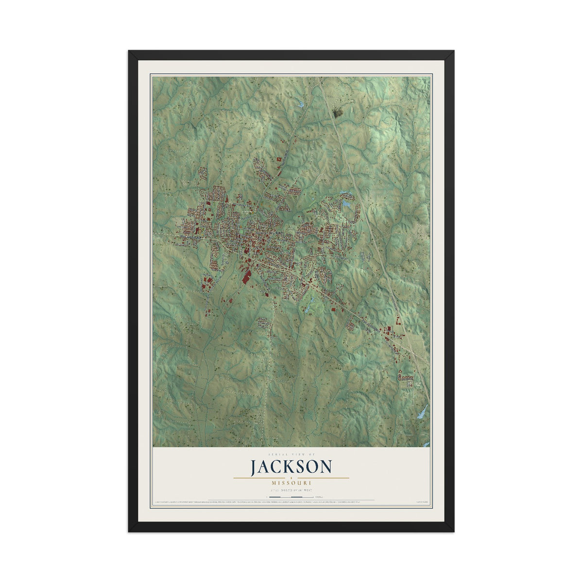 Map of Jackson, Missouri, 12 x 18 inch print in a black wood frame