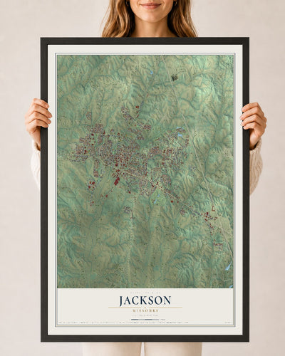 Map of Jackson, Missouri, 24 x 36 inch print in a black wood frame