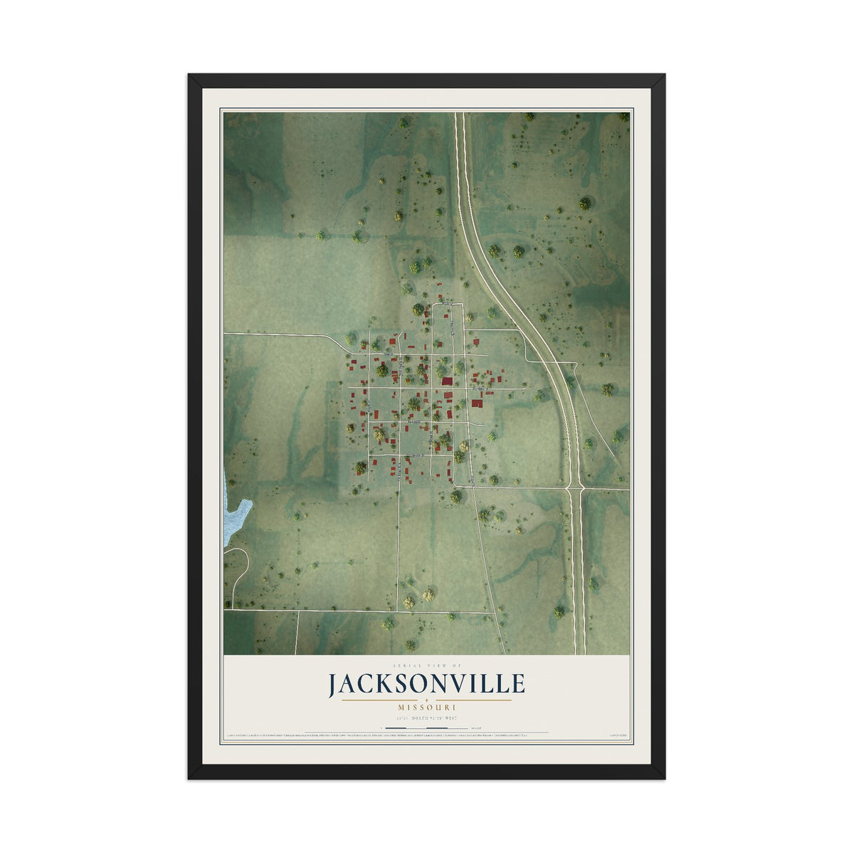 Map of Jacksonville, Missouri, 12 x 18 inch print in a black wood frame