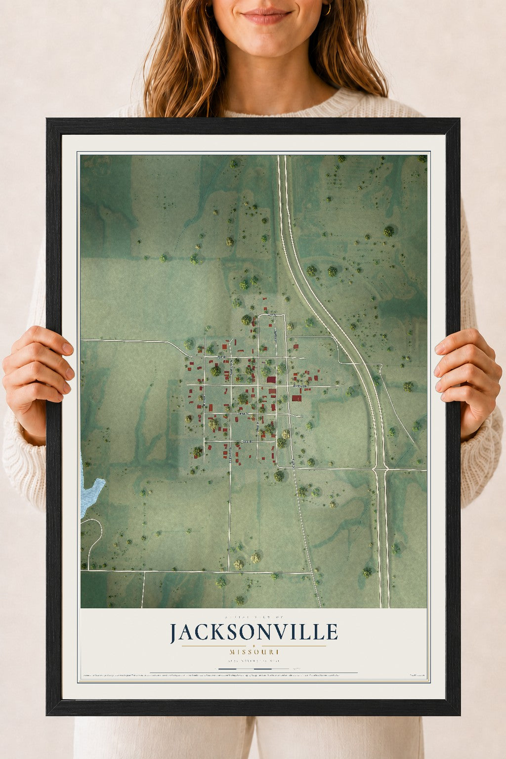 Map of Jacksonville, Missouri, 18 x 24 inch print in a black wood frame