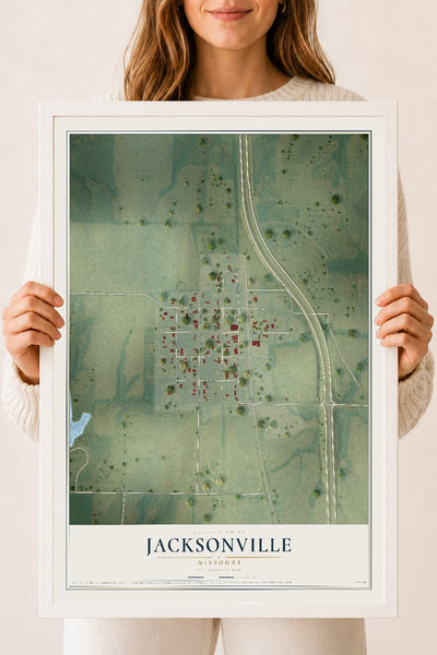 Map of Jacksonville, Missouri, 18 x 24 inch print in a white wood frame