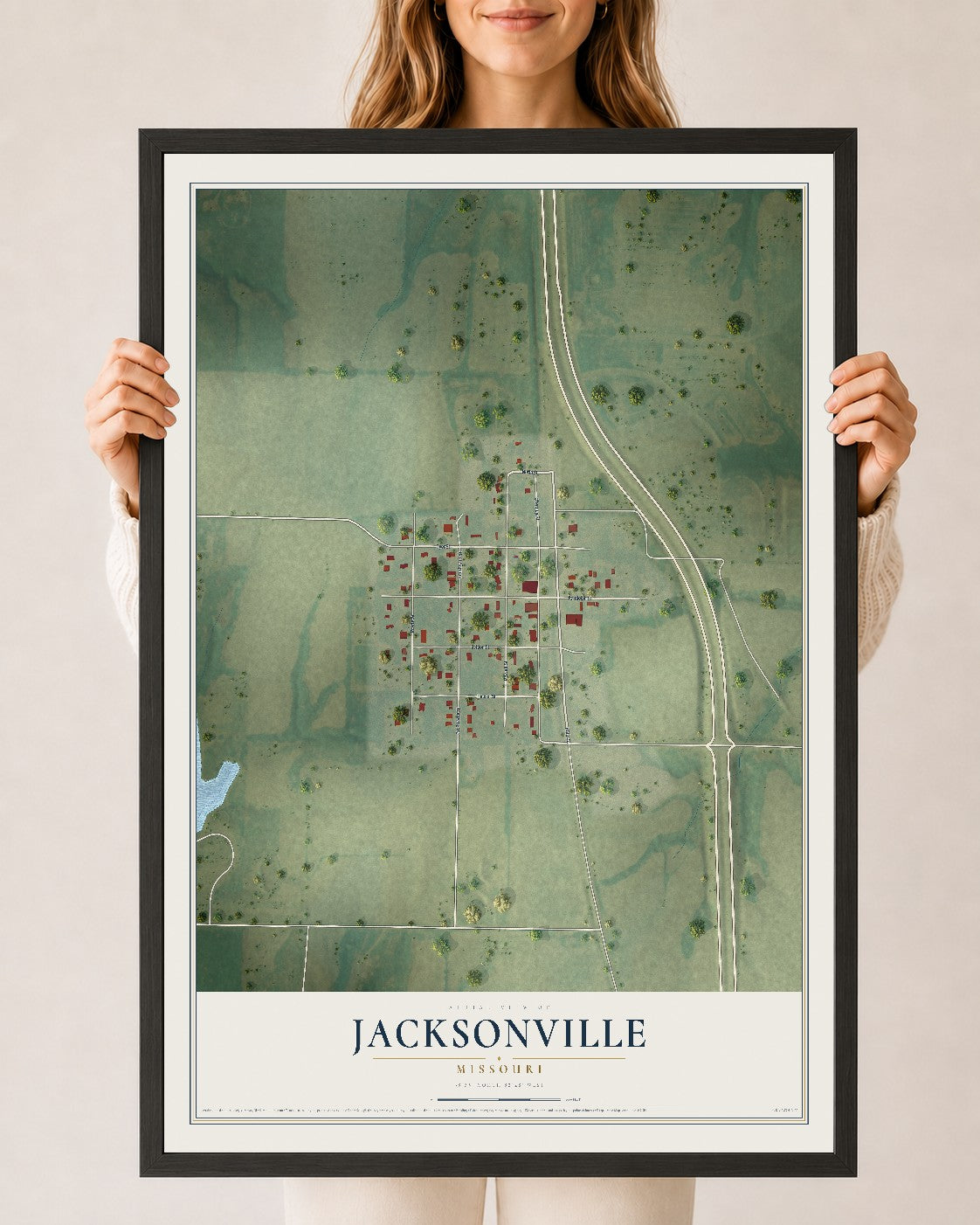 Map of Jacksonville, Missouri, 24 x 36 inch print in a black wood frame
