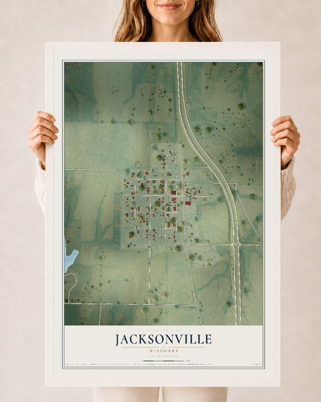 Map of Jacksonville, Missouri, 24 x 36 inch print in a white wood frame