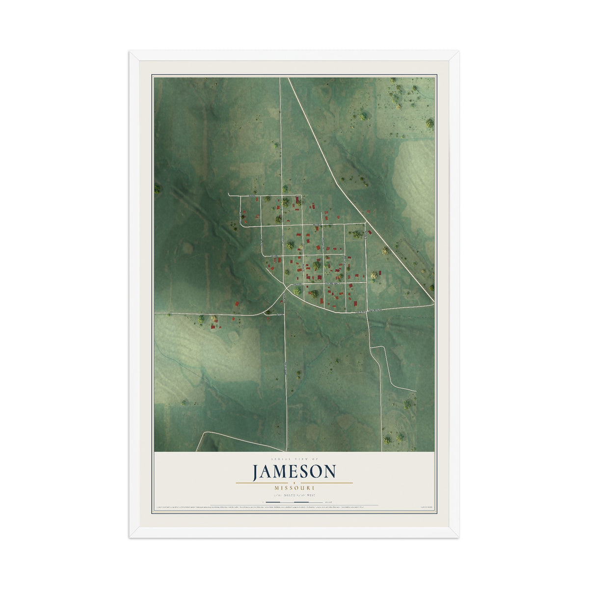 Map of Jameson, Missouri, 12 x 18 inch print in a white wood frame