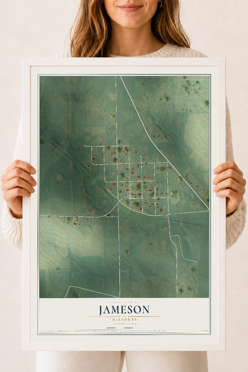 Map of Jameson, Missouri, 18 x 24 inch print in a white wood frame