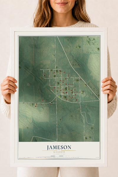 Map of Jameson, Missouri, 18 x 24 inch print in a white wood frame