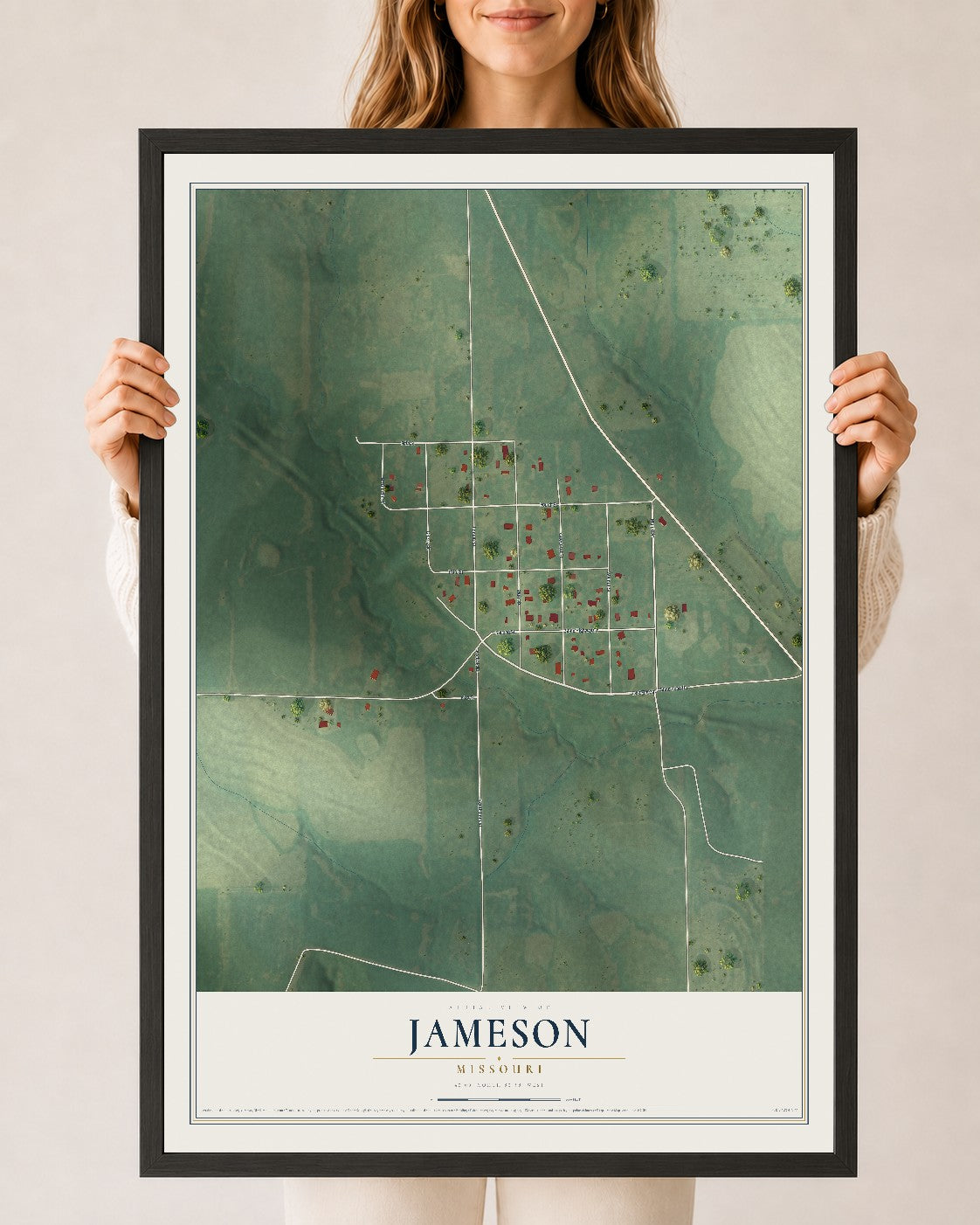 Map of Jameson, Missouri, 24 x 36 inch print in a black wood frame