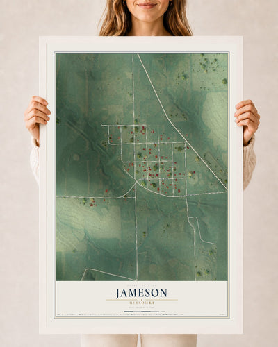 Map of Jameson, Missouri, 24 x 36 inch print in a white wood frame
