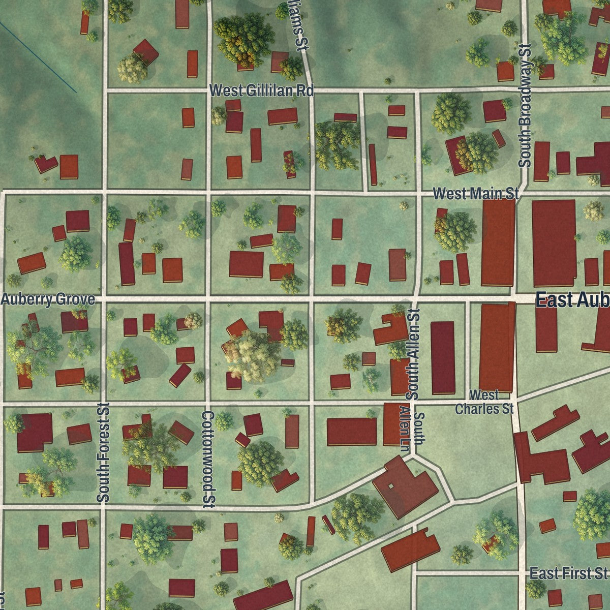 Close-up of the map of Jamesport, Missouri print showing street and building detail