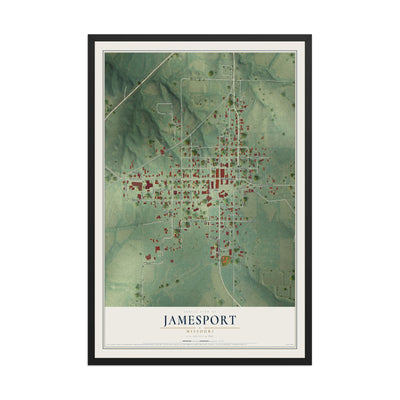 Map of Jamesport, Missouri, 12 x 18 inch print in a black wood frame