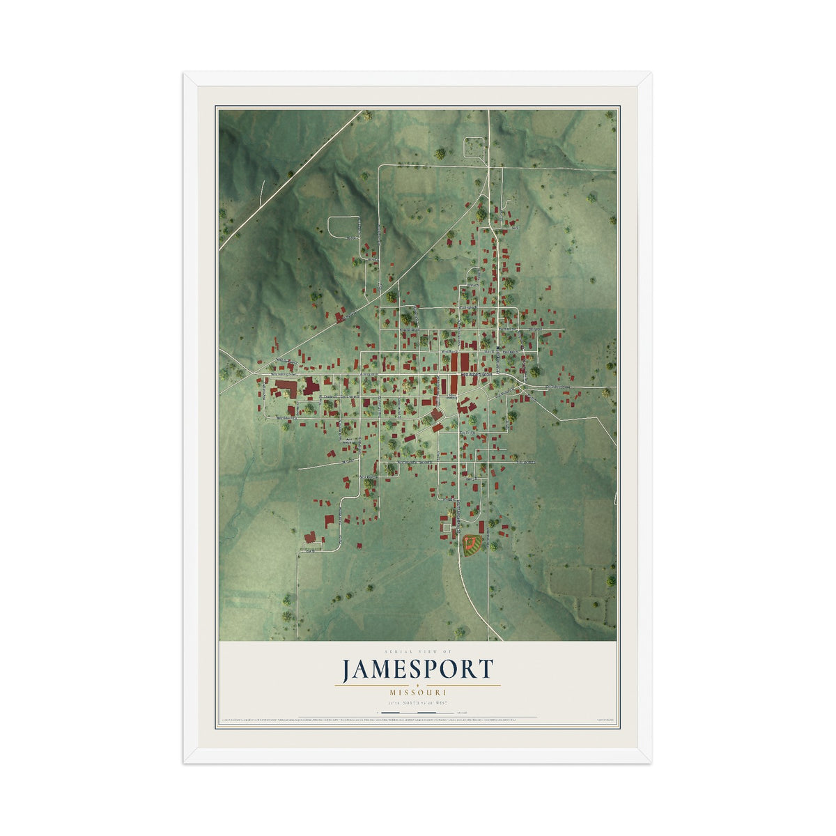 Map of Jamesport, Missouri, 12 x 18 inch print in a white wood frame