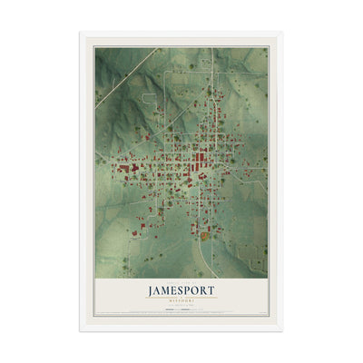 Map of Jamesport, Missouri, 12 x 18 inch print in a white wood frame