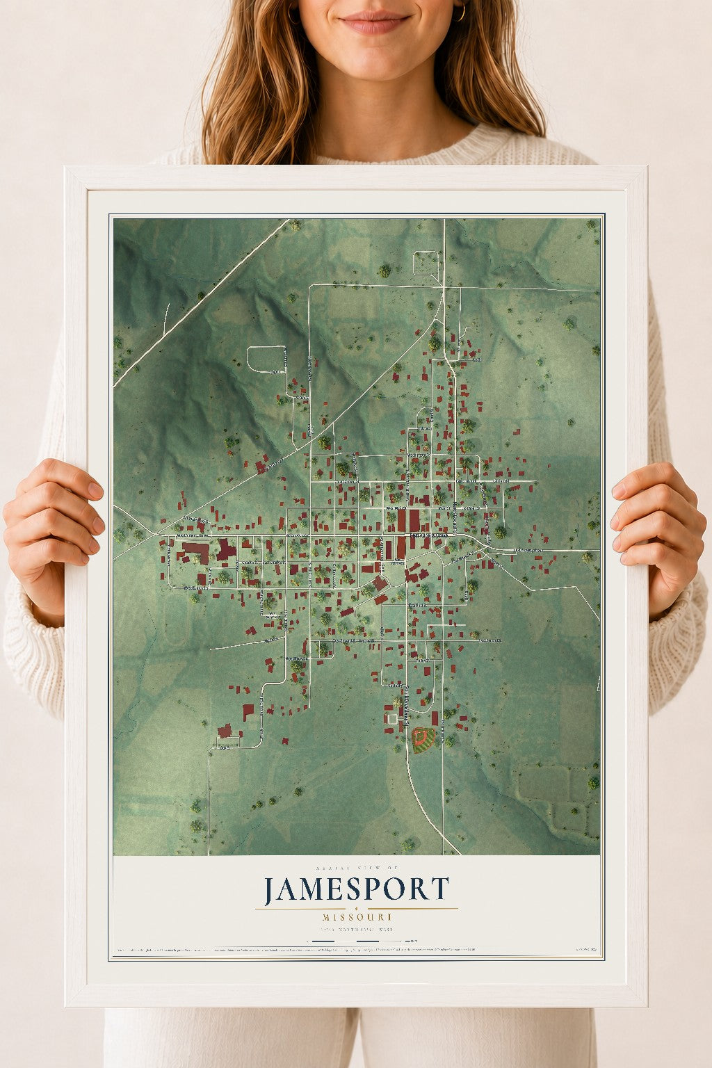 Map of Jamesport, Missouri, 18 x 24 inch print in a white wood frame