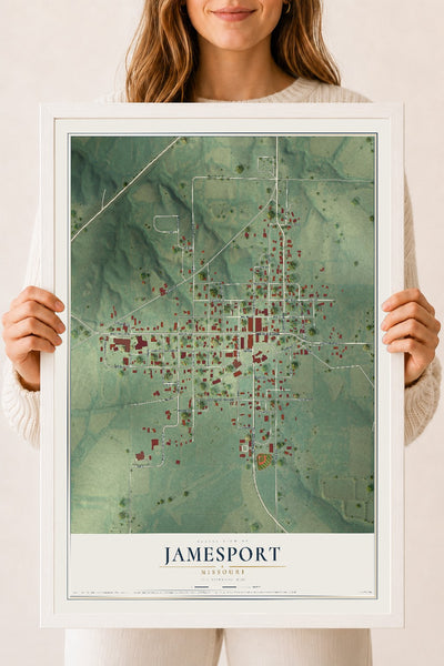 Map of Jamesport, Missouri, 18 x 24 inch print in a white wood frame