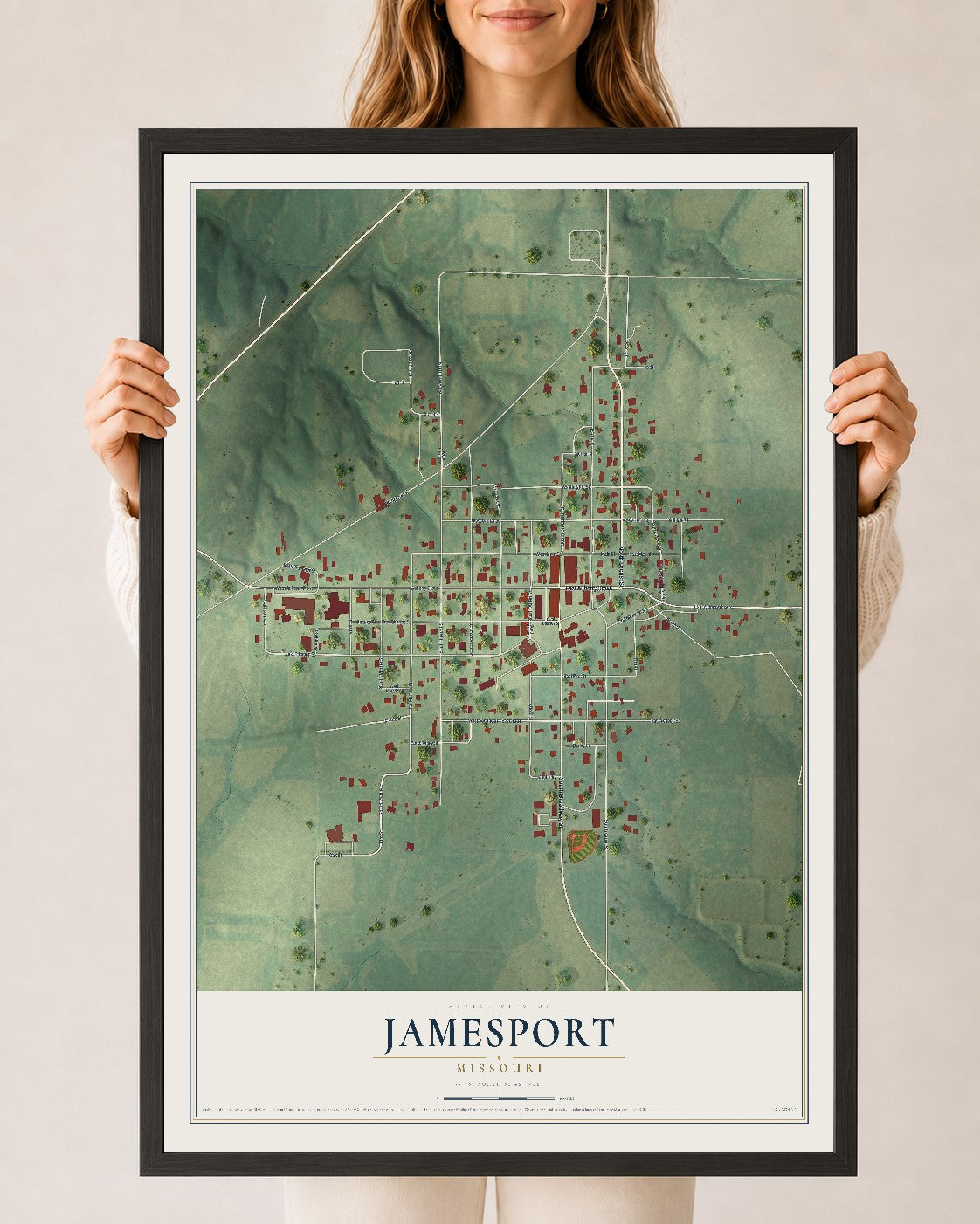 Map of Jamesport, Missouri, 24 x 36 inch print in a black wood frame