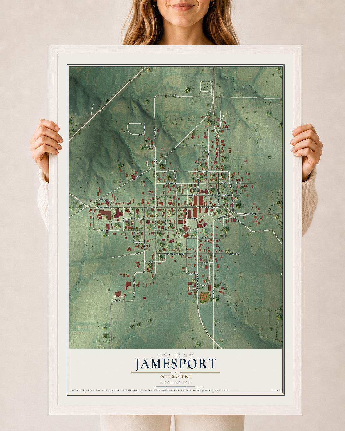Map of Jamesport, Missouri, 24 x 36 inch print in a white wood frame