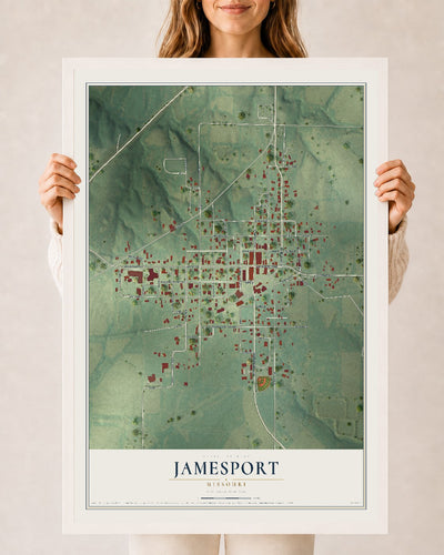 Map of Jamesport, Missouri, 24 x 36 inch print in a white wood frame