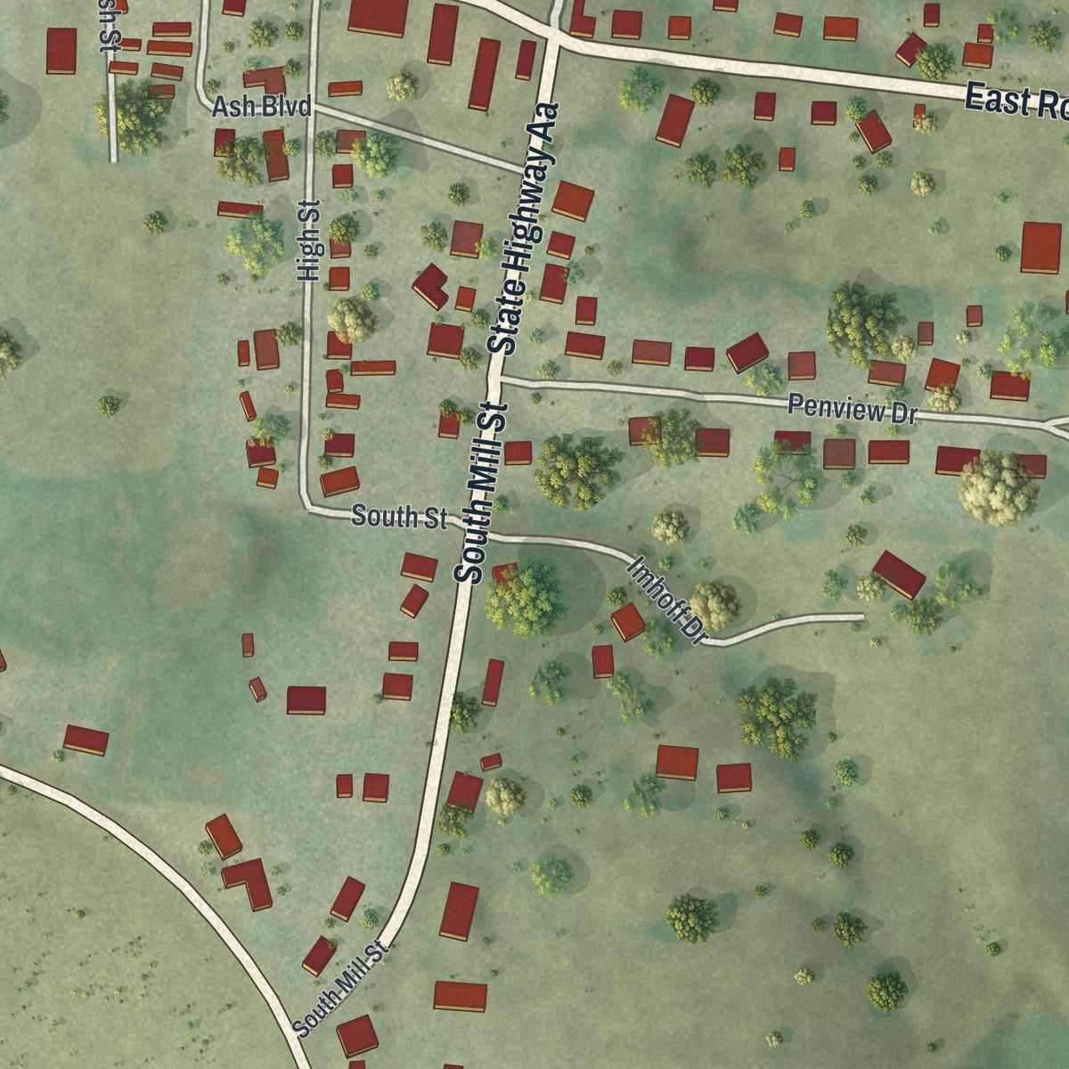 Close-up of the map of Jamestown, Missouri print showing street and building detail