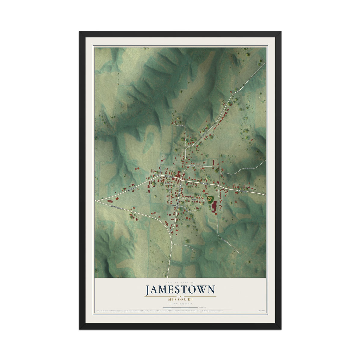 Map of Jamestown, Missouri, 12 x 18 inch print in a black wood frame