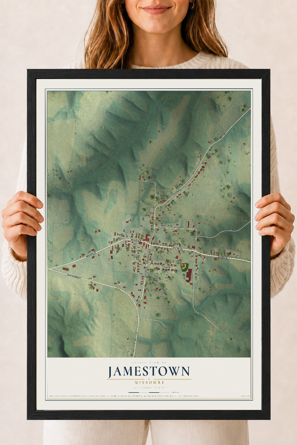Map of Jamestown, Missouri, 18 x 24 inch print in a black wood frame