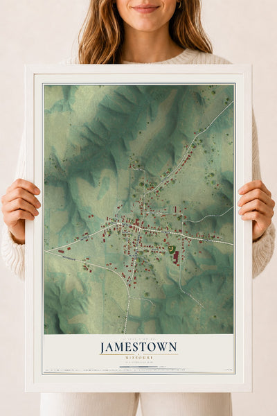Map of Jamestown, Missouri, 18 x 24 inch print in a white wood frame