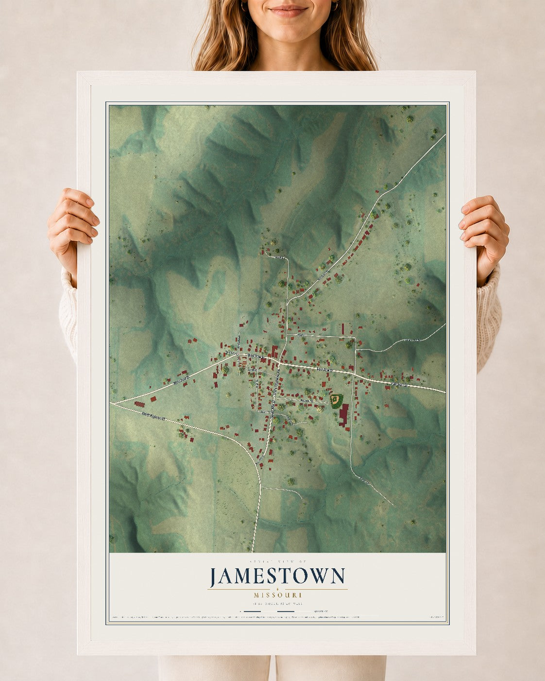 Map of Jamestown, Missouri, 24 x 36 inch print in a white wood frame