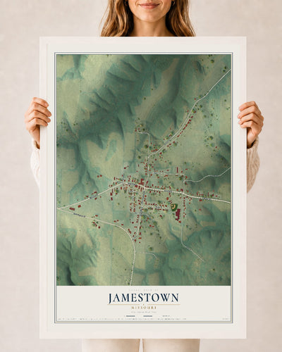 Map of Jamestown, Missouri, 24 x 36 inch print in a white wood frame