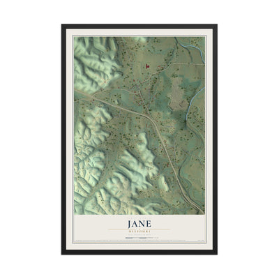 Map of Jane, Missouri, 12 x 18 inch print in a black wood frame