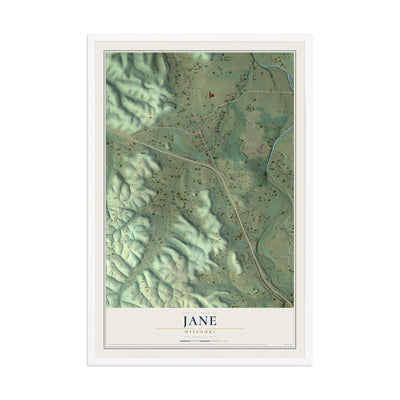 Map of Jane, Missouri, 12 x 18 inch print in a white wood frame