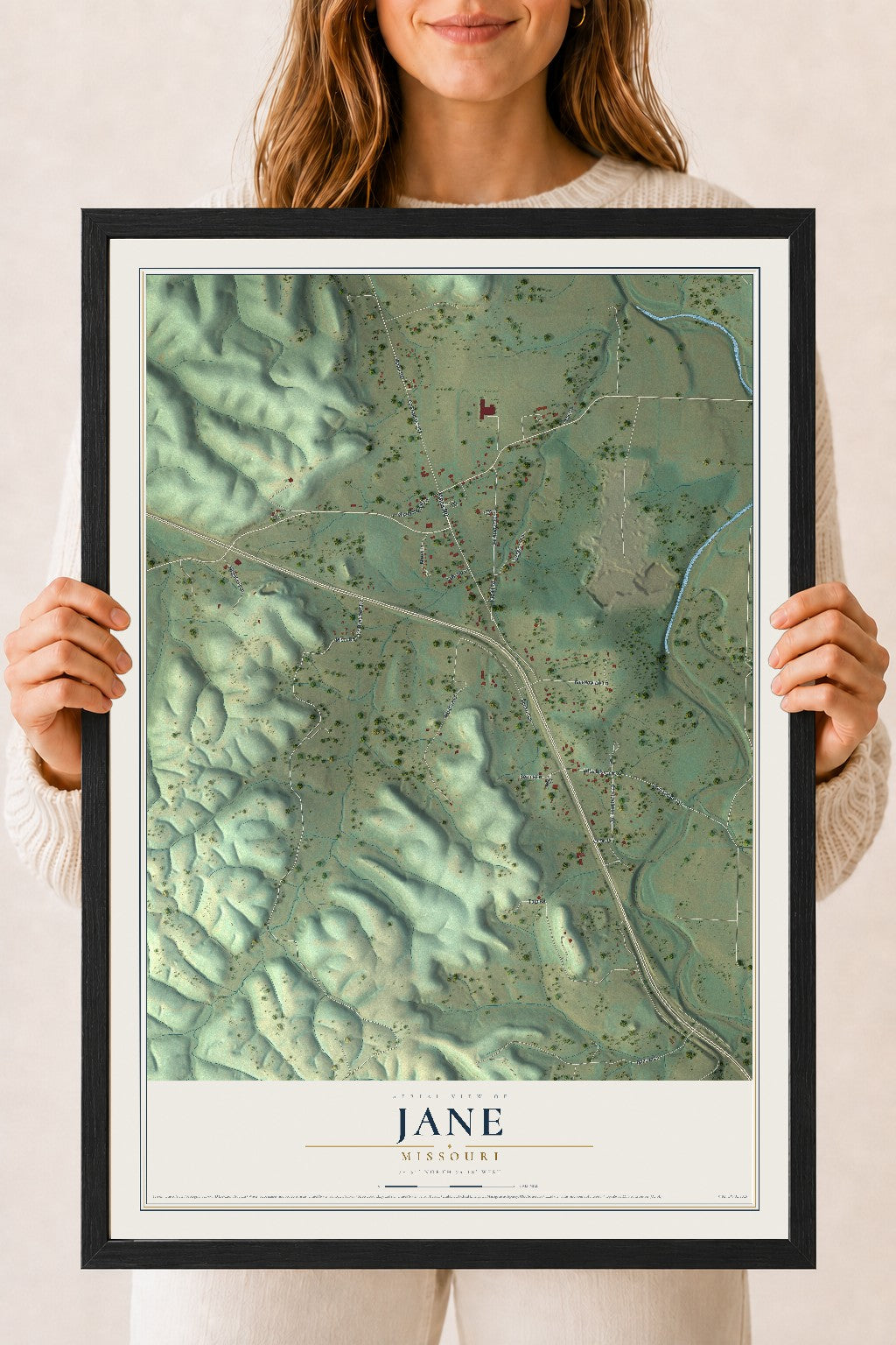 Map of Jane, Missouri, 18 x 24 inch print in a black wood frame