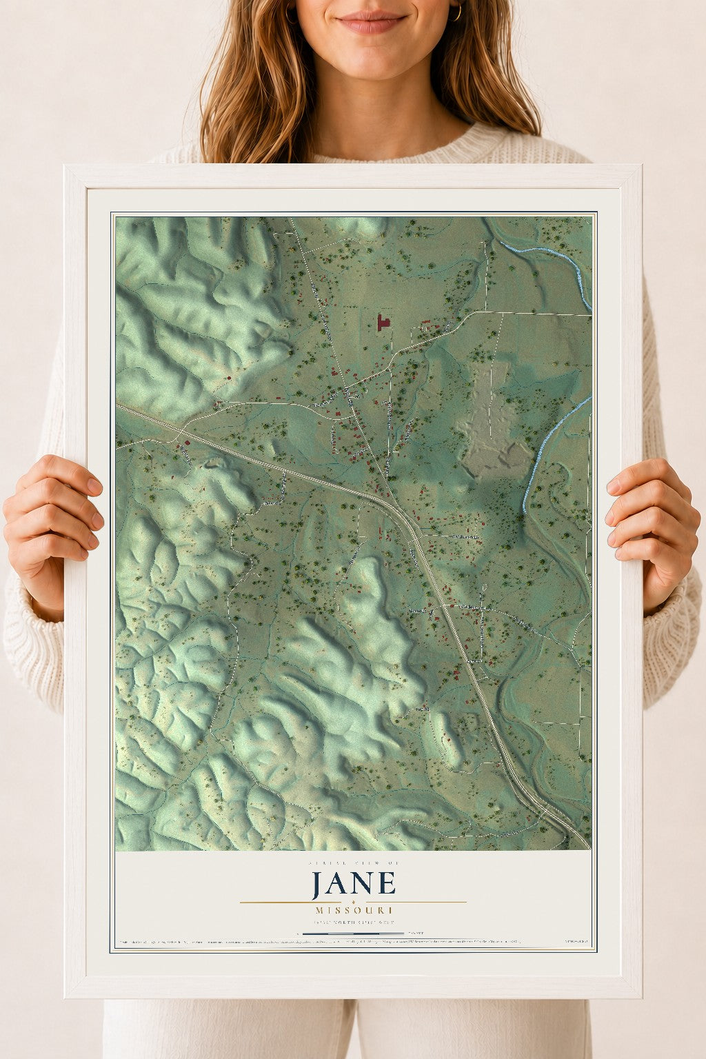Map of Jane, Missouri, 18 x 24 inch print in a white wood frame