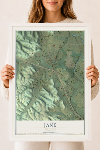 Map of Jane, Missouri, 18 x 24 inch print in a white wood frame
