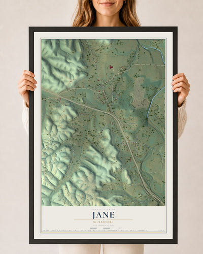 Map of Jane, Missouri, 24 x 36 inch print in a black wood frame