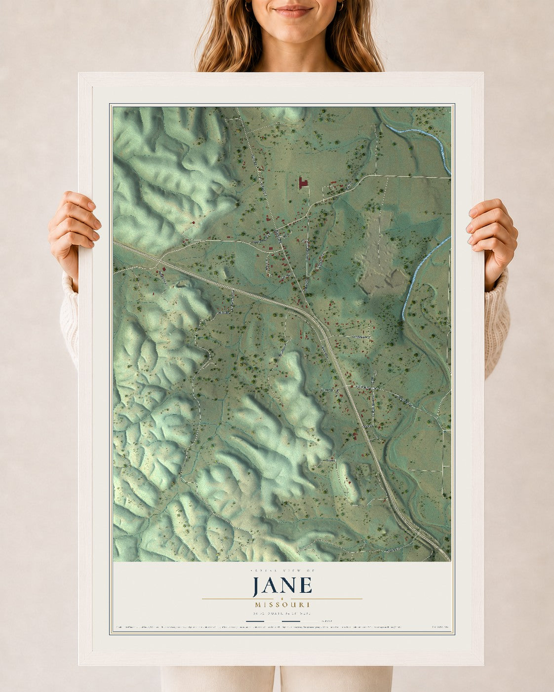 Map of Jane, Missouri, 24 x 36 inch print in a white wood frame