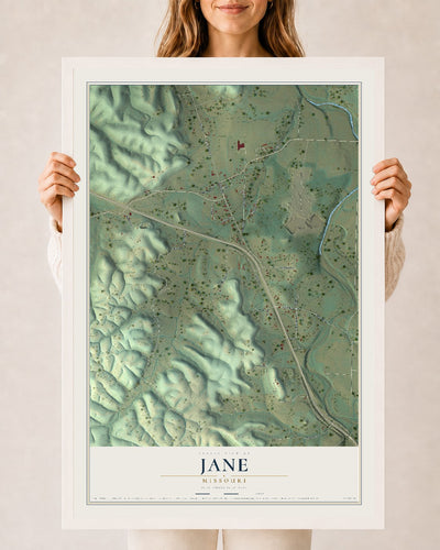 Map of Jane, Missouri, 24 x 36 inch print in a white wood frame