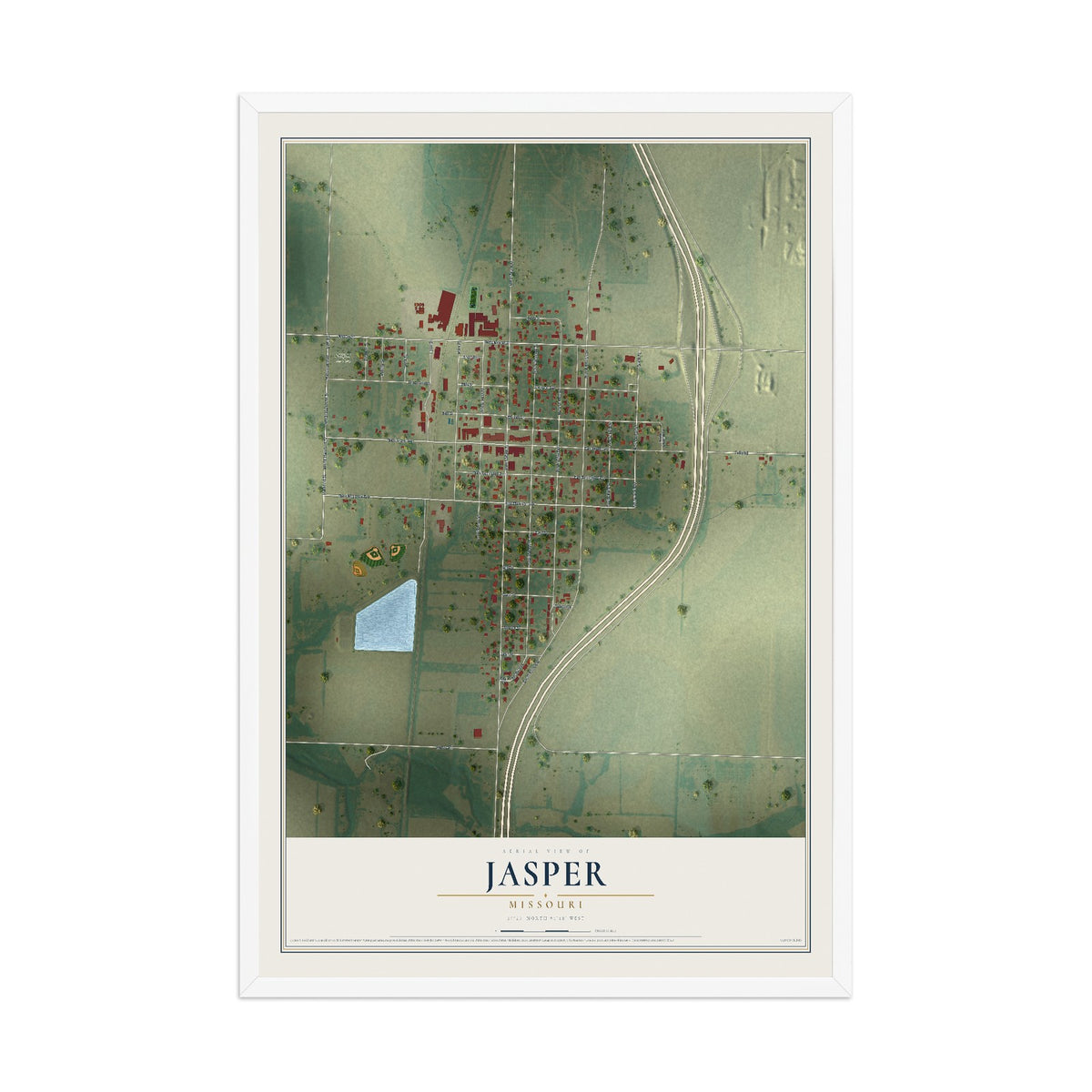 Map of Jasper, Missouri, 12 x 18 inch print in a white wood frame
