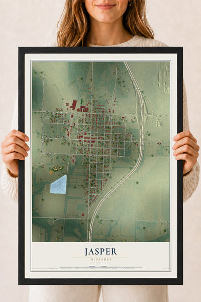 Map of Jasper, Missouri, 18 x 24 inch print in a black wood frame
