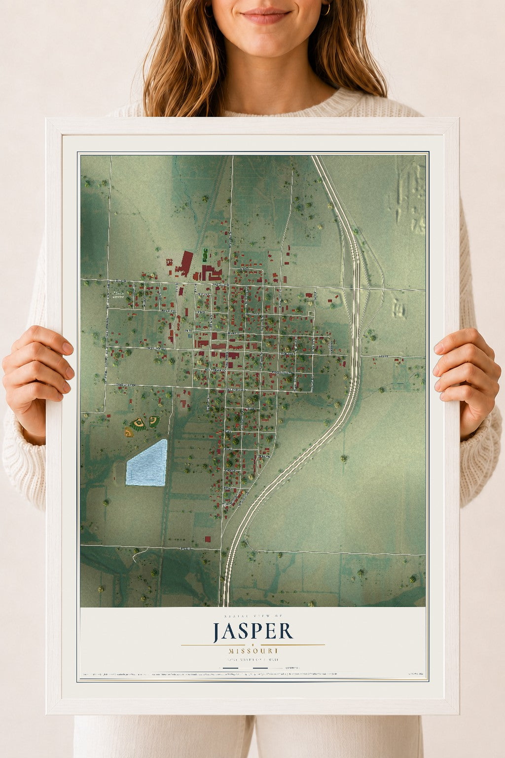 Map of Jasper, Missouri, 18 x 24 inch print in a white wood frame