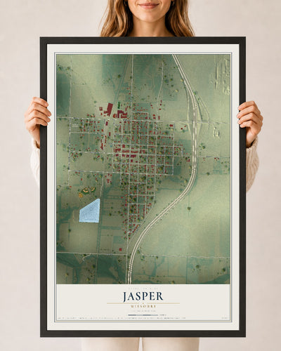 Map of Jasper, Missouri, 24 x 36 inch print in a black wood frame