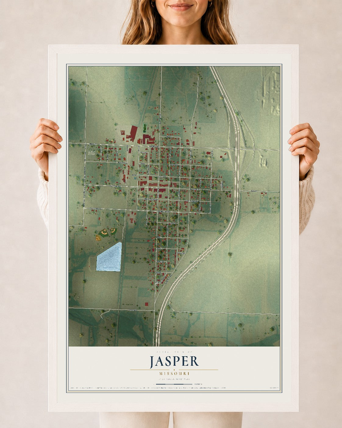 Map of Jasper, Missouri, 24 x 36 inch print in a white wood frame