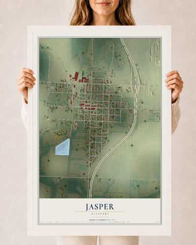 Map of Jasper, Missouri, 24 x 36 inch print in a white wood frame