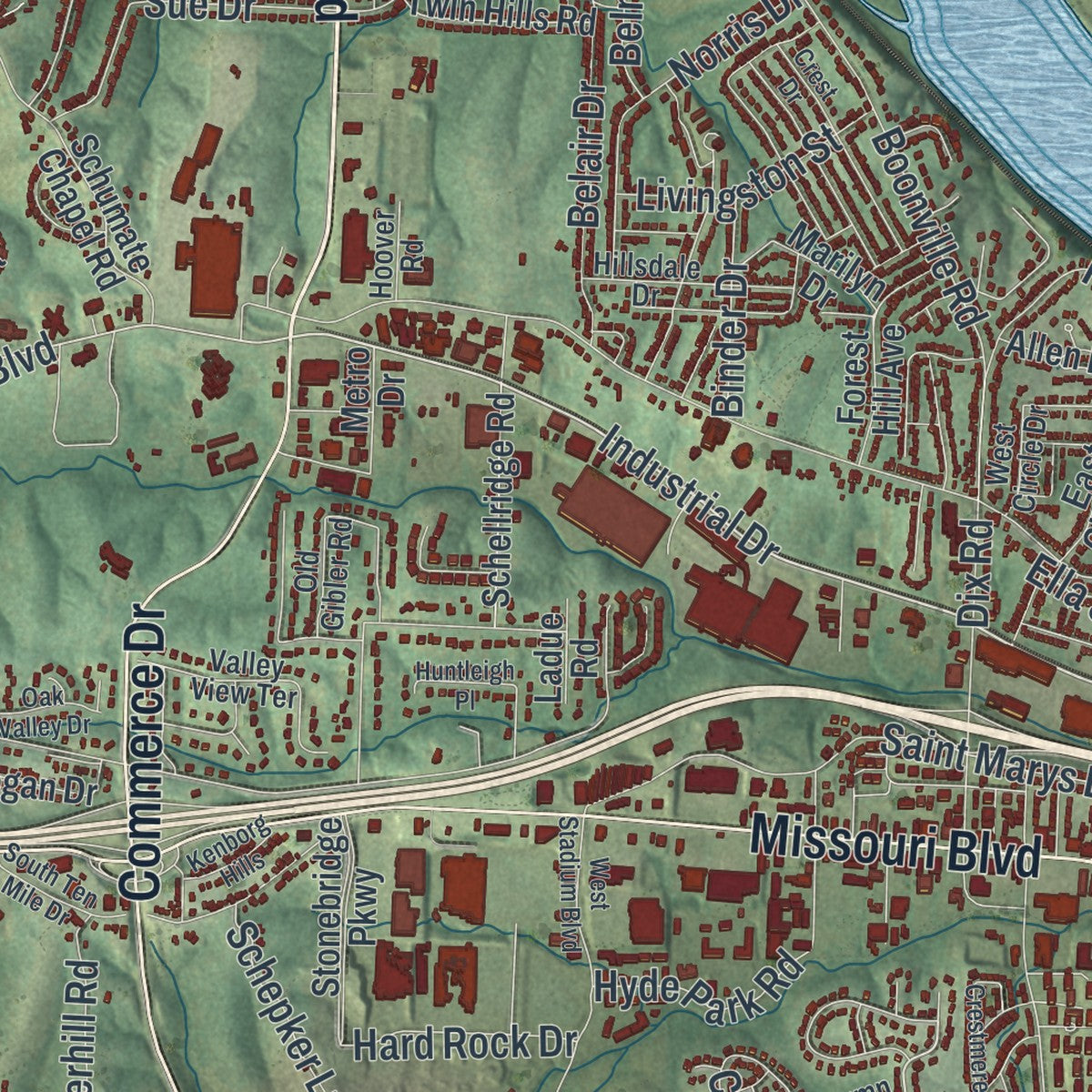 Close-up of the map of Jefferson City, Missouri print showing street and building detail