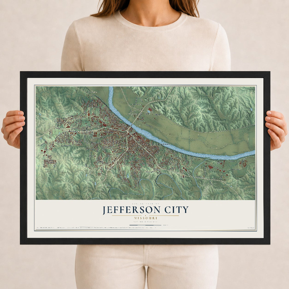Map of Jefferson City, Missouri, 12 x 18 inch print in a black wood frame