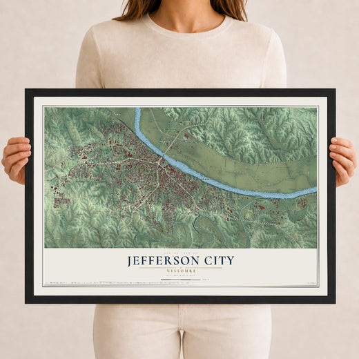 Map of Jefferson City, Missouri, 12 x 18 inch print in a black wood frame