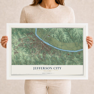 Map of Jefferson City, Missouri, 12 x 18 inch print in a white wood frame