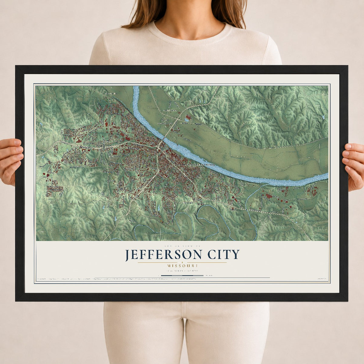 Map of Jefferson City, Missouri, 18 x 24 inch print in a black wood frame