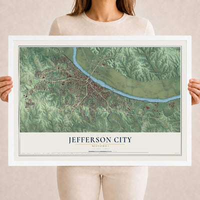 Map of Jefferson City, Missouri, 18 x 24 inch print in a white wood frame