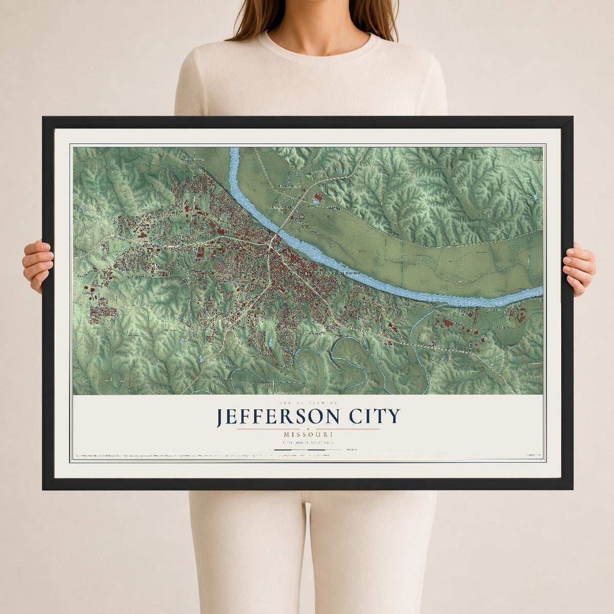 Map of Jefferson City, Missouri, 24 x 36 inch print in a black wood frame