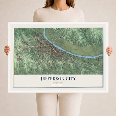 Map of Jefferson City, Missouri, 24 x 36 inch print in a white wood frame