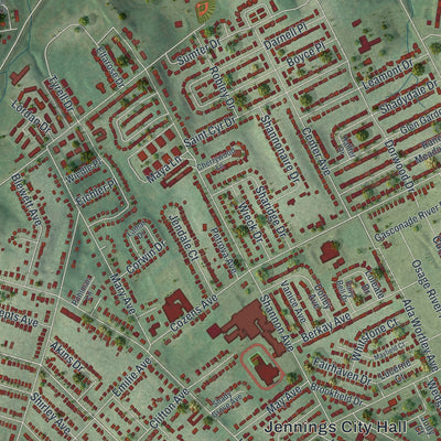 Close-up of the map of Jennings, Missouri print showing street and building detail